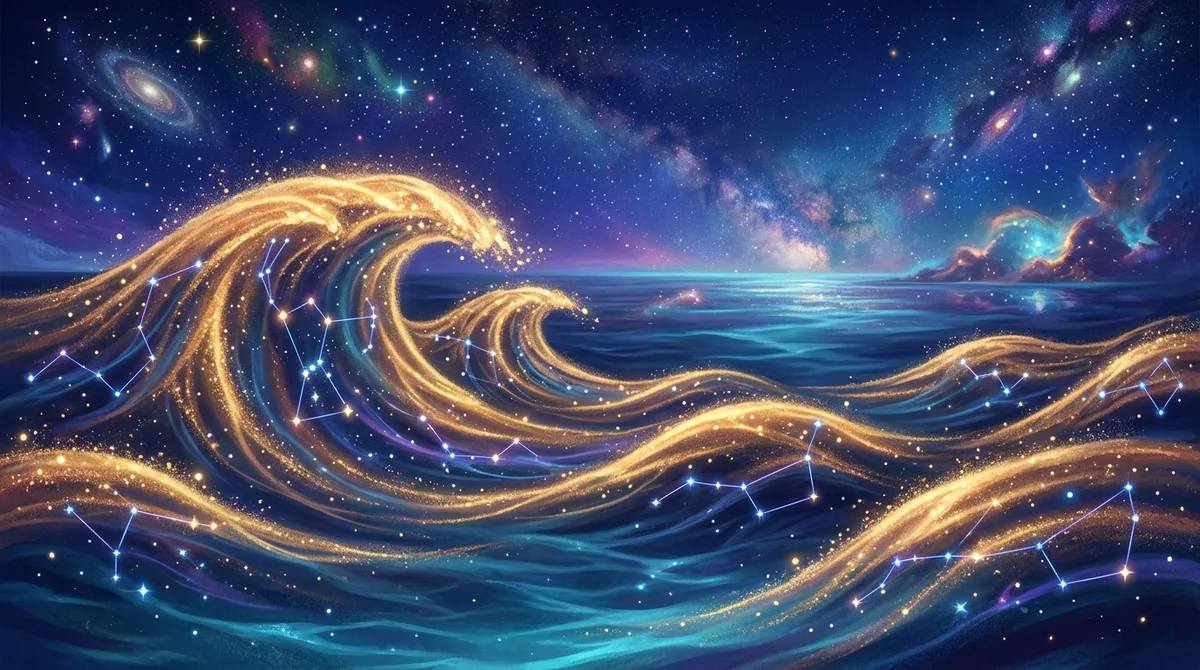 Ilustração mística de ondas de luz dourada fluindo entre constelações em um céu noturno profundo, representando a maré de sorte de abril de 2026.