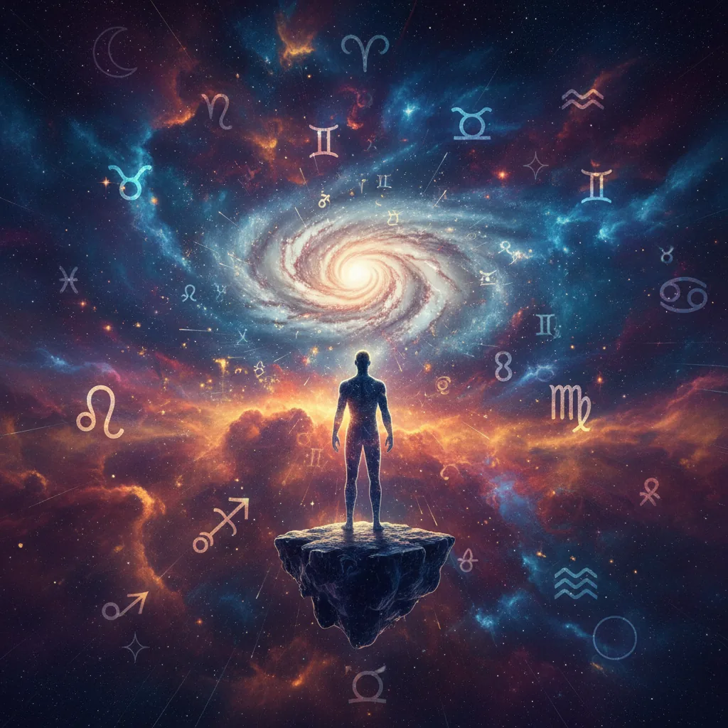 Pessoa observando o universo astrológico e seu propósito existencial