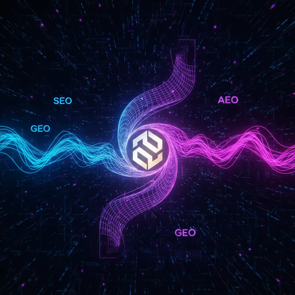 Logo da BlogAI no centro de um fluxo de dados interconectados representando a unificação de SEO, GEO e AEO para tráfego orgânico.