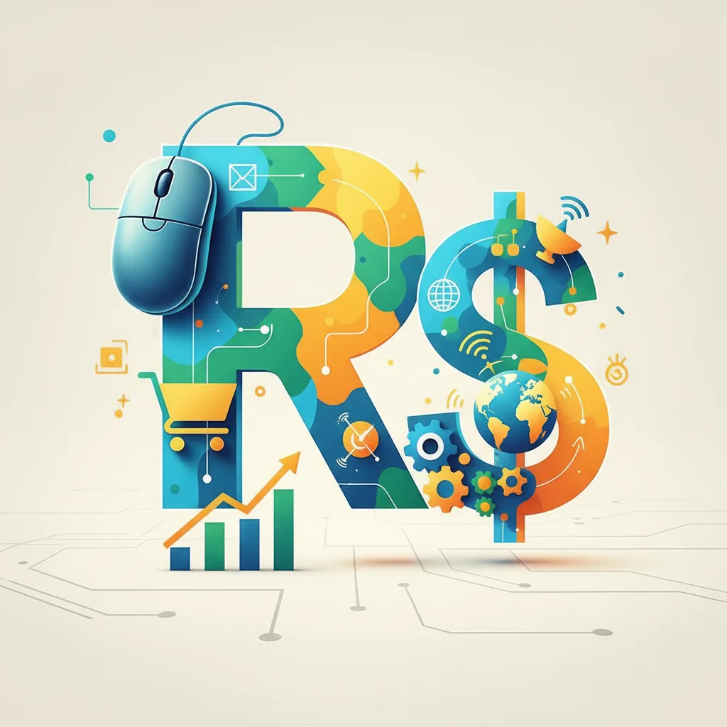 Símbolos de atividades de renda extra online formando o cifrão do Real, ilustrando o guia de renda extra real em 2026.