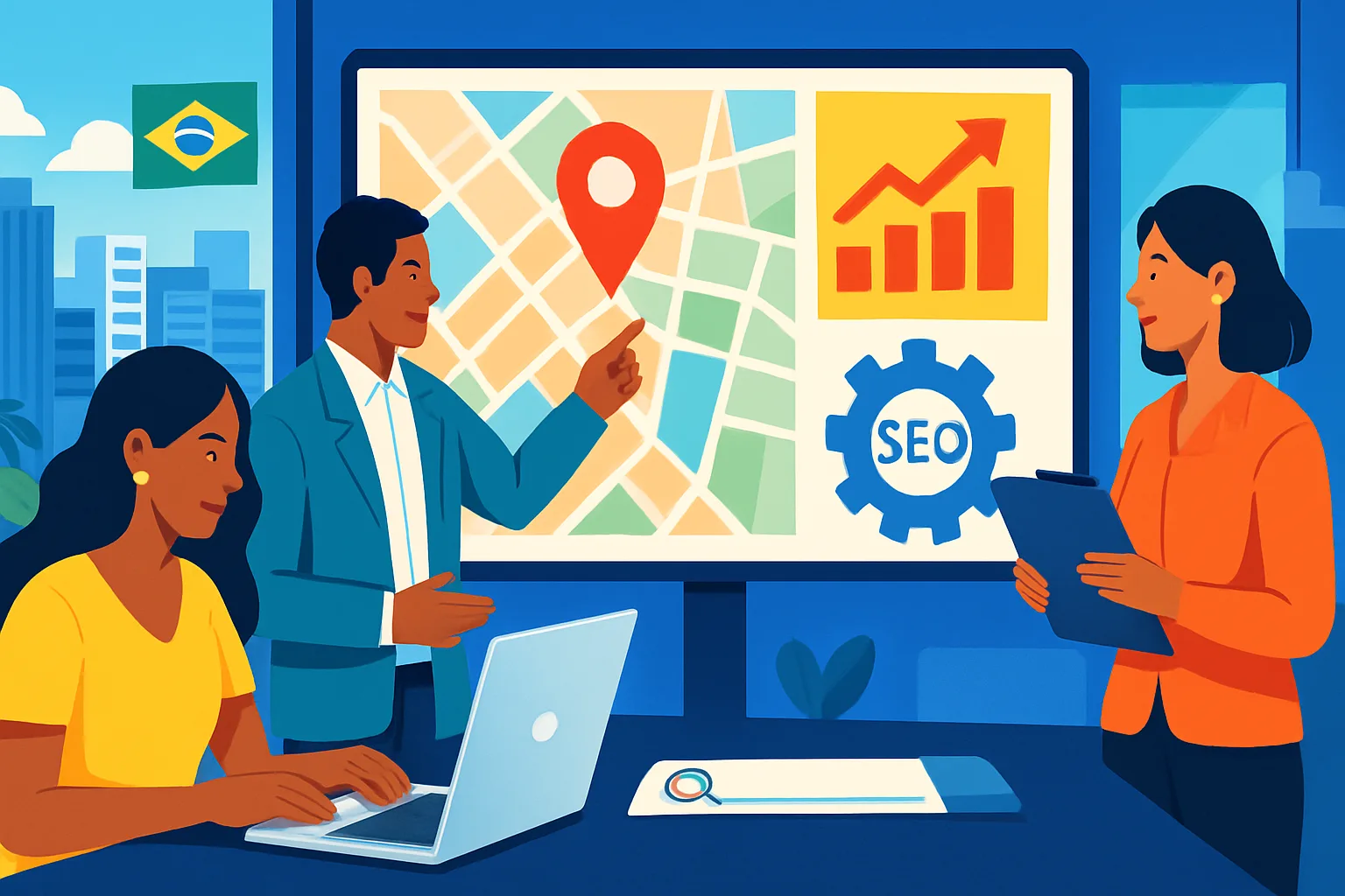 Mapa ilustrativo de SEO local para PMEs em múltiplas cidades brasileiras