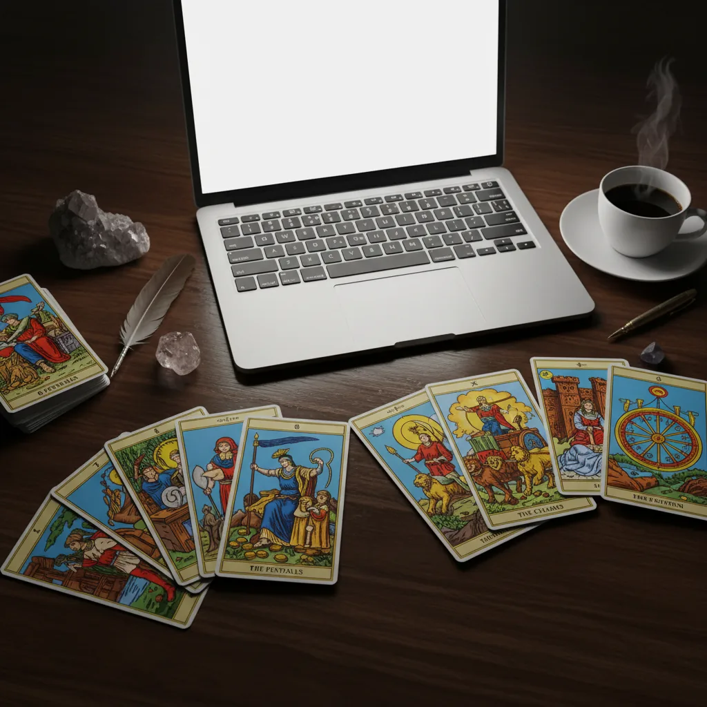 Cartas de tarô sobre um escritório moderno representando previsões para carreira em 2026