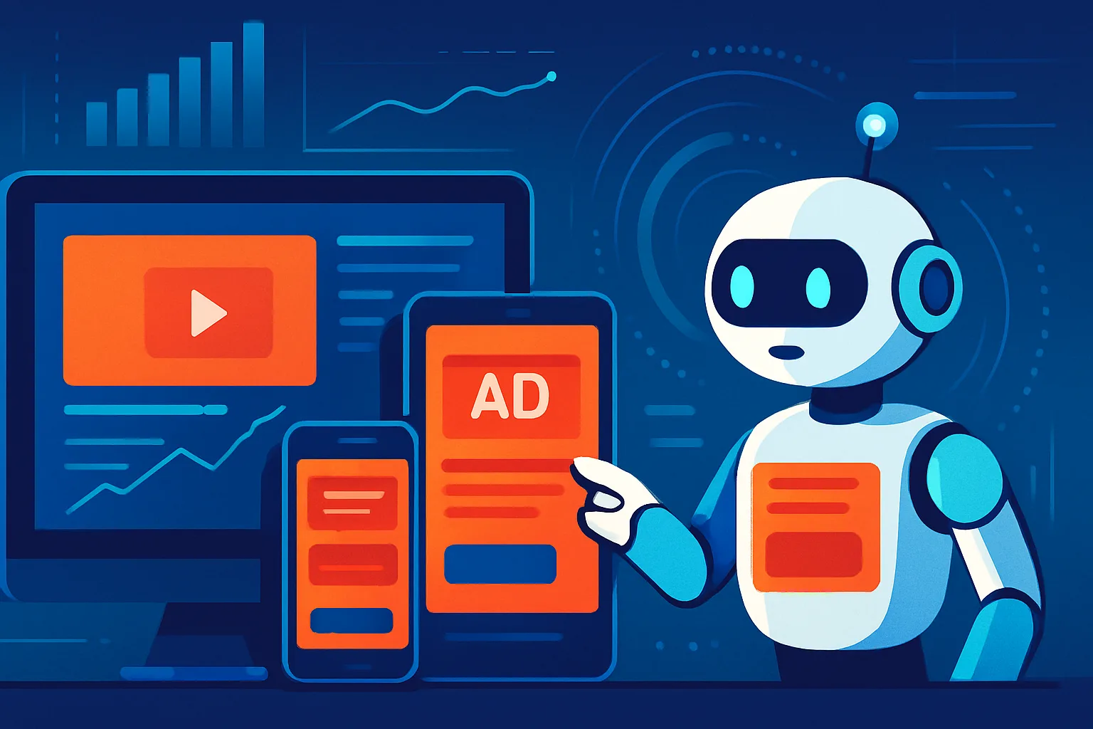 Ilustração profissional de chatbot IA interagindo com anúncios digitais para ChatGPT Ads não são Search Pago