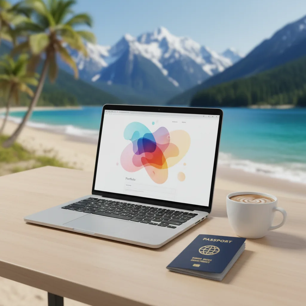 Um kit de nômade digital em uma mesa de trabalho com laptop exibindo um portfólio online.