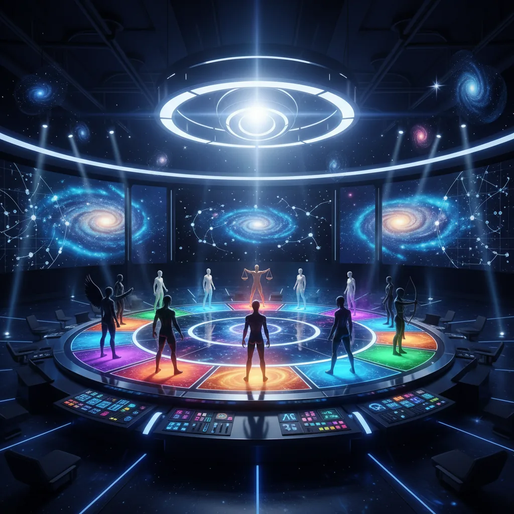 Ilustração astrológica com símbolos dos signos e elementos de reality show em 2026