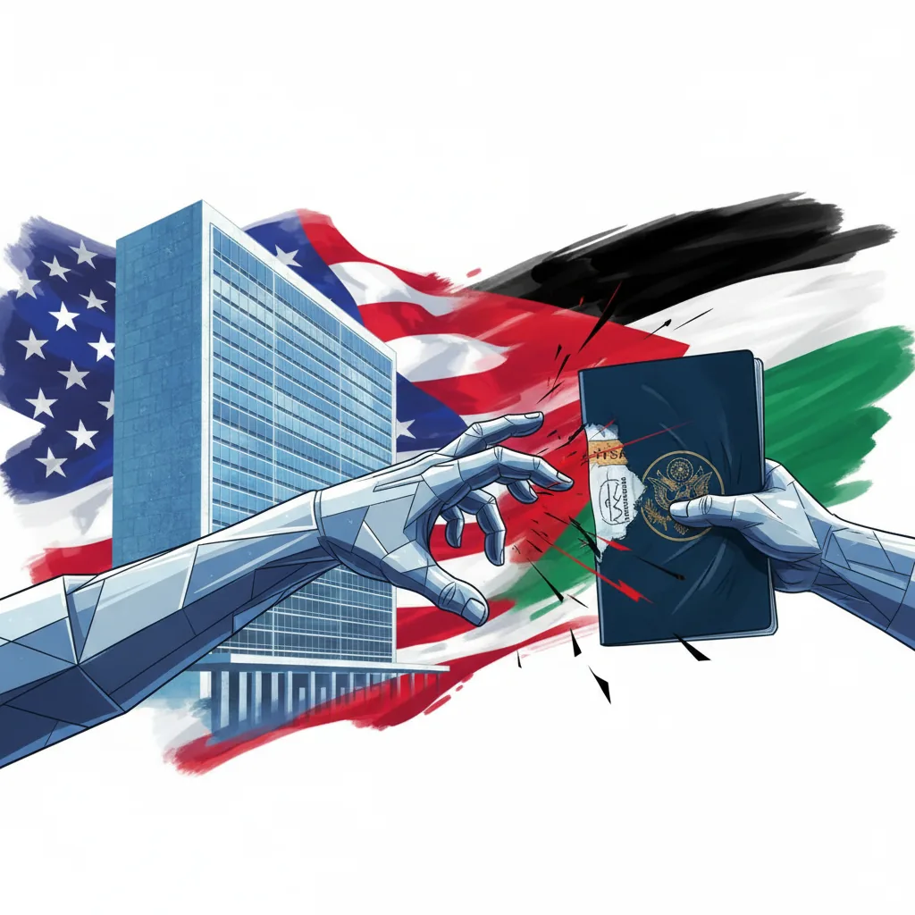 Ilustração da crise de vistos entre EUA e Palestina na ONU, mostrando um passaporte e o prédio da ONU.