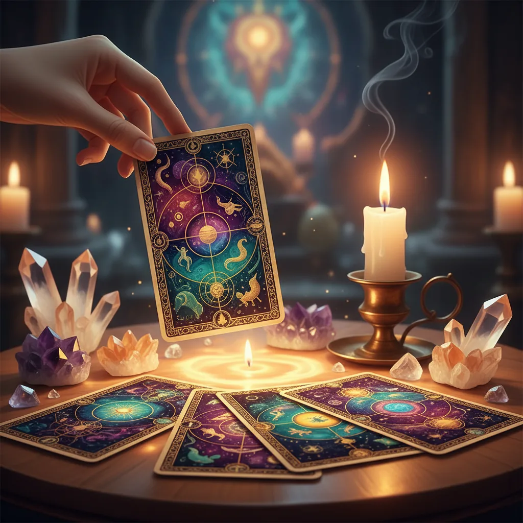 Mão segurando uma carta de tarô, com outras cartas espalhadas em uma mesa mística iluminada por velas, com cristais ao redor.