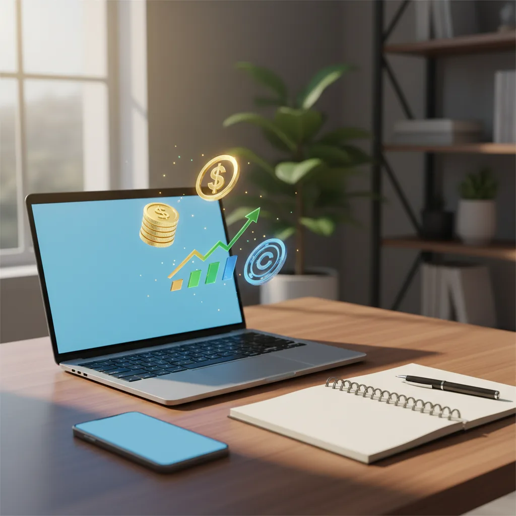 Mão segurando smartphone mostrando gráficos de ganhos financeiros com ícones digitais representando renda extra online.
