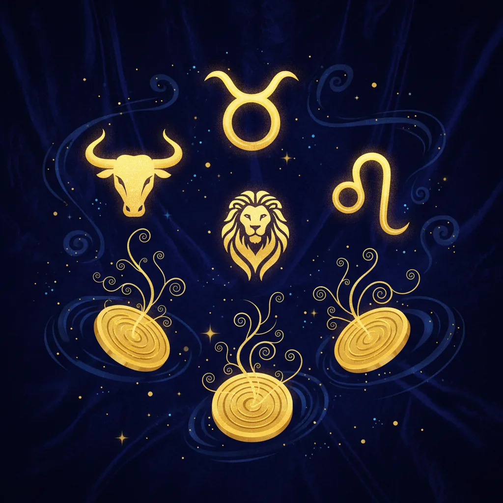 Ilustração de mãos segurando constelações douradas e moedas celestiais representando a prosperidade dos signos em abril de 2026.