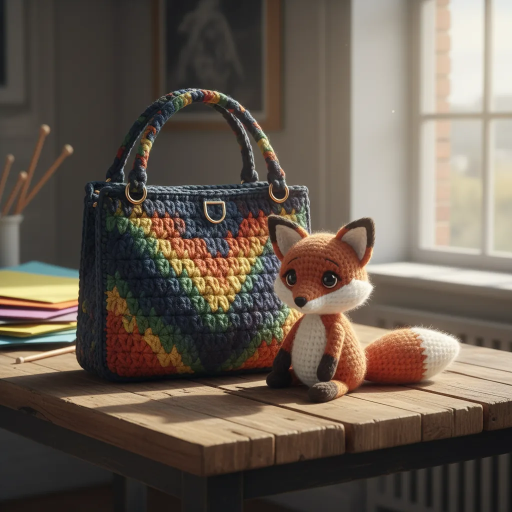 Detalhe de uma bolsa de crochê e um amigurumi sobre uma mesa, ilustrando como ter uma renda extra com crochê.