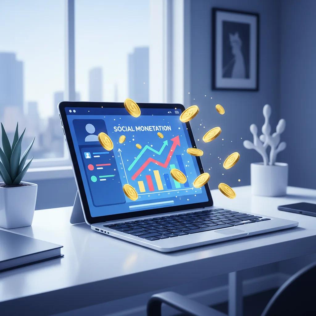 Interface digital moderna mostrando ícones de moedas e gráficos de crescimento sobre o logotipo do Facebook em uma tela de tablet.