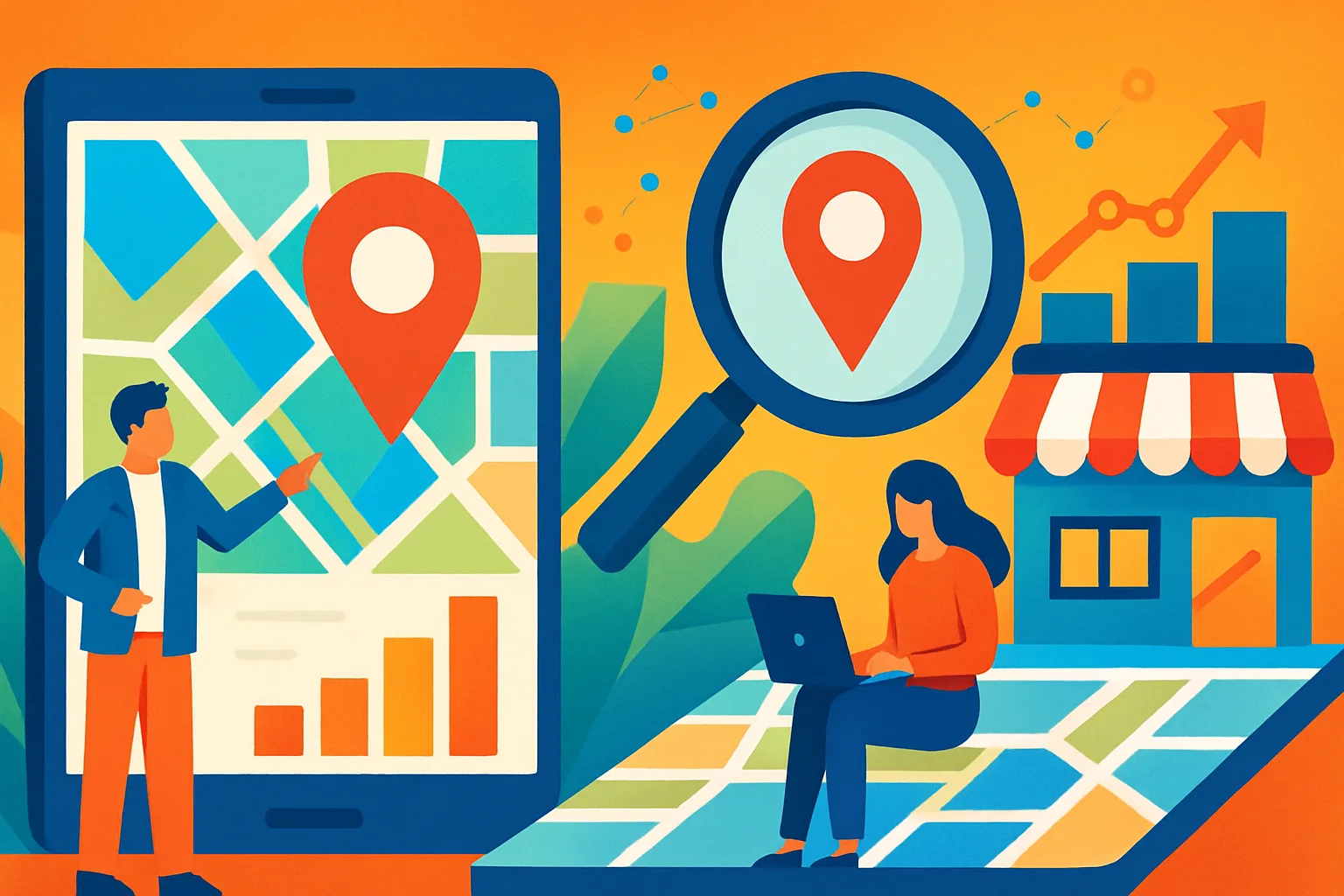Ilustração de estratégia de SEO local usando dados de geolocalização para PME