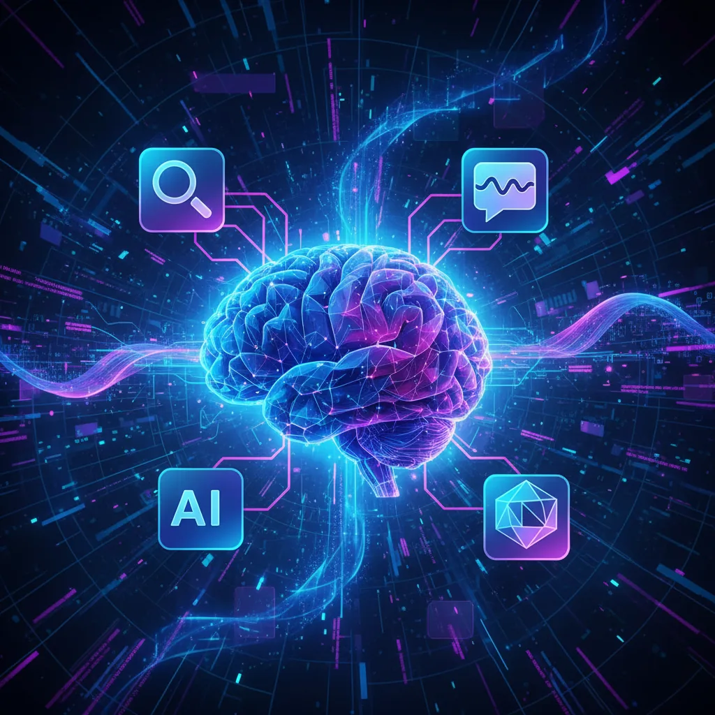 Um cérebro digital representando a IA se conectando com logotipos de mecanismos de busca e chatbots, ilustrando o conceito de AEO e GEO.