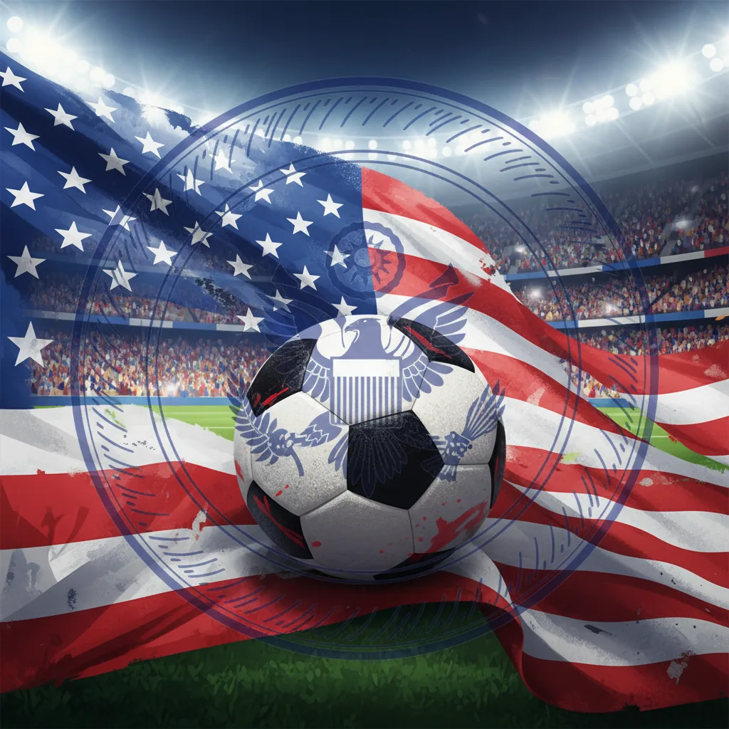 Ilustração do visto americano para a Copa do Mundo 2026 com a bandeira dos EUA ao fundo.