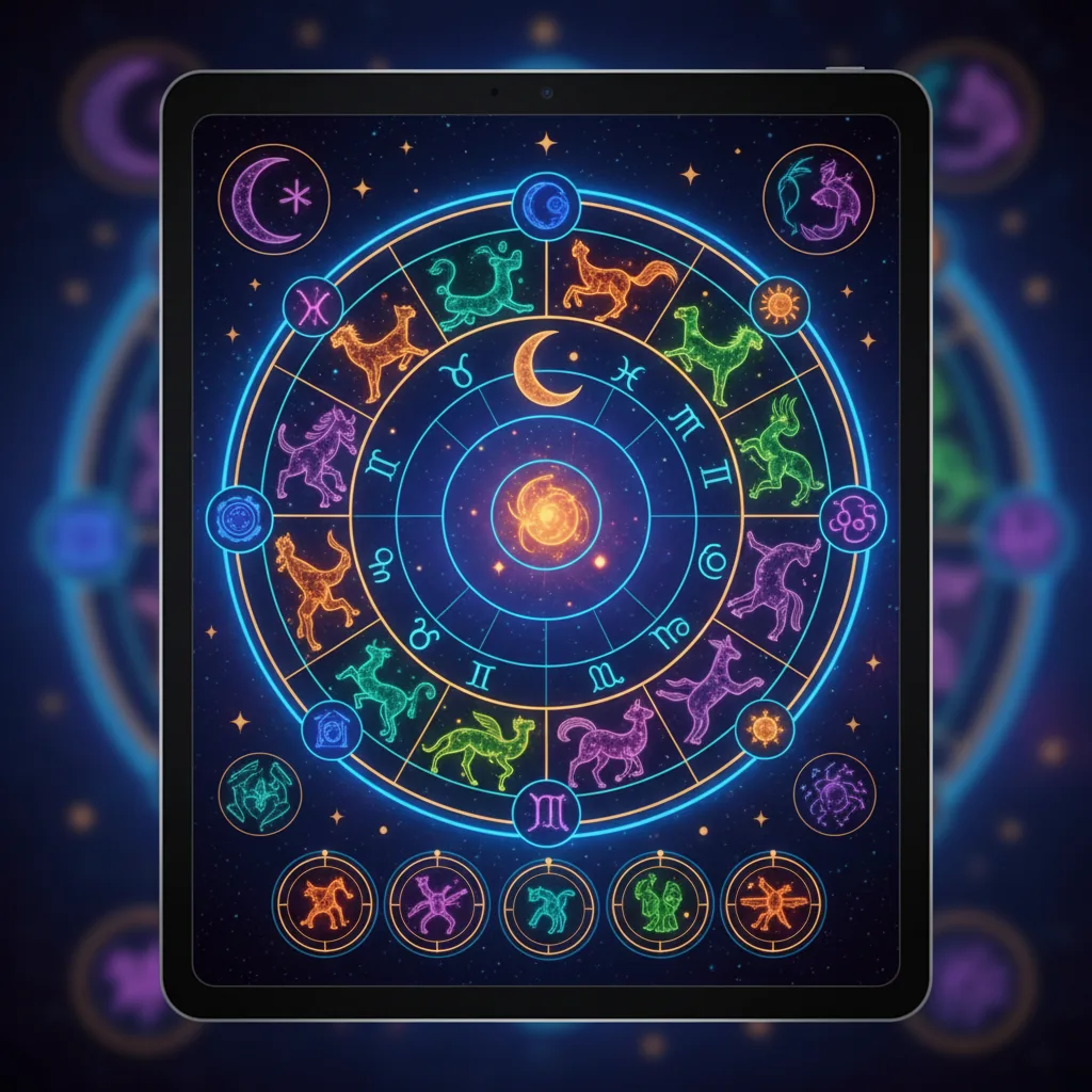 Representação digital de um mapa astral com constelações e símbolos planetários, para as ferramentas de astrologia de 2026