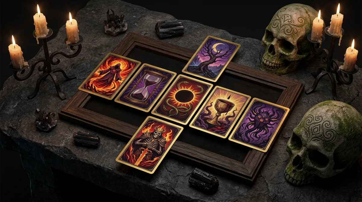 Cartas de tarô sombrias com ilustrações góticas de fantasia épica sobre uma mesa de madeira rústica, simulando o estilo do Tarô oficial de Diablo.