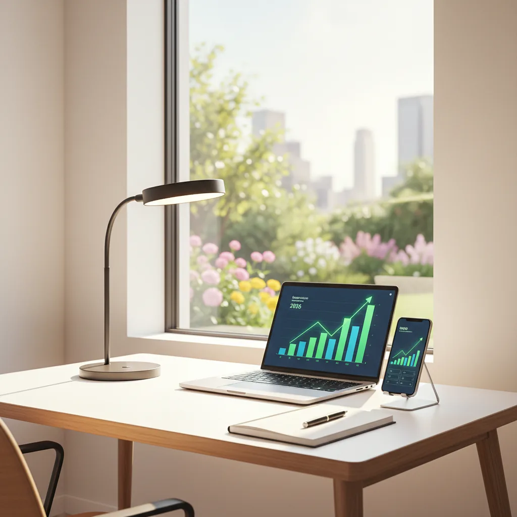 Pessoa trabalhando em home office com laptop e café em ambiente organizado em 2026