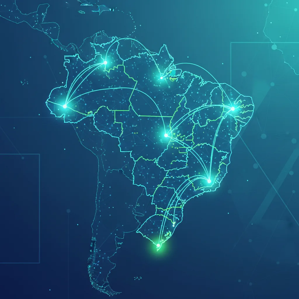 Gráfico ilustrando o SEO para empresas no Brasil, com conexões digitais sobre um mapa estilizado.