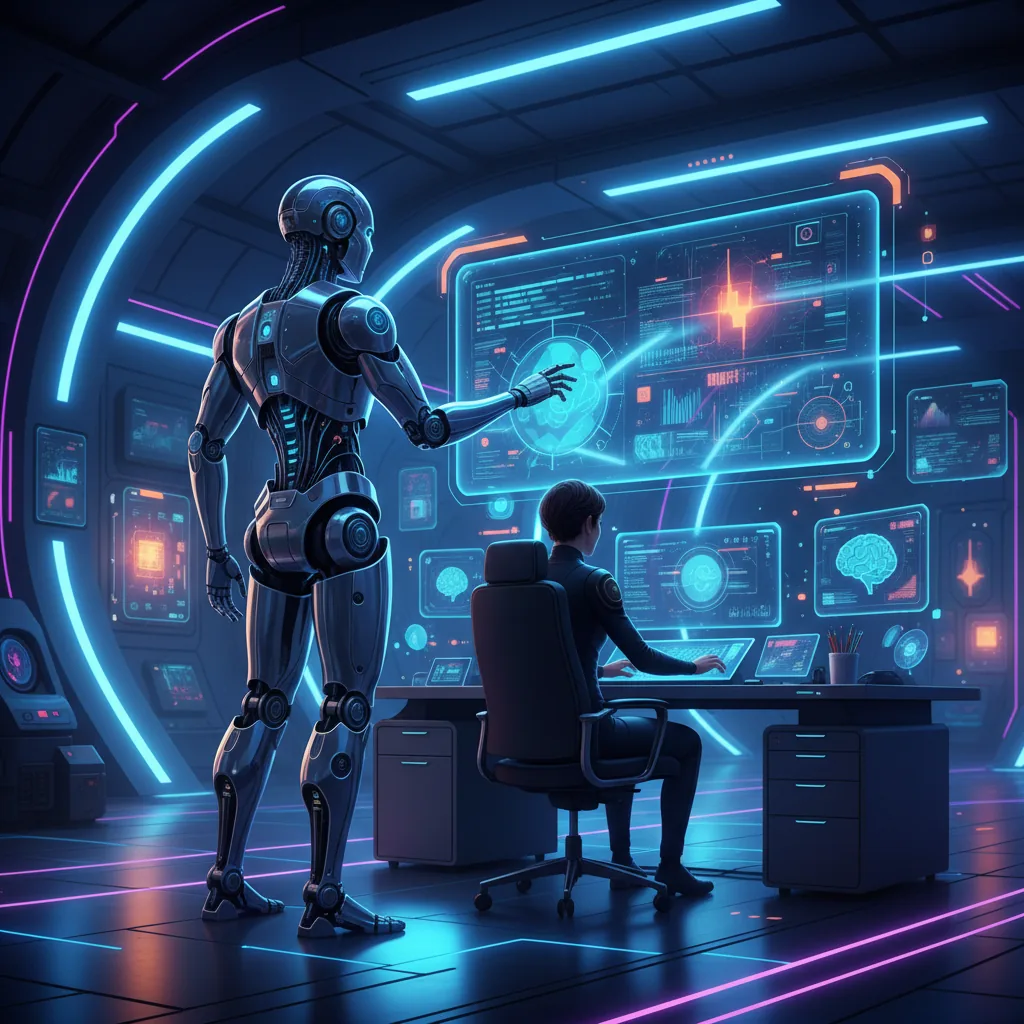 Robô de IA auxiliando redator na produção de conteúdo digital em 2026