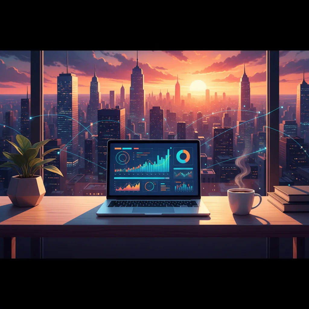 Escritório home office moderno com vista para metrópole global, simbolizando o trabalho remoto internacional em 2026.