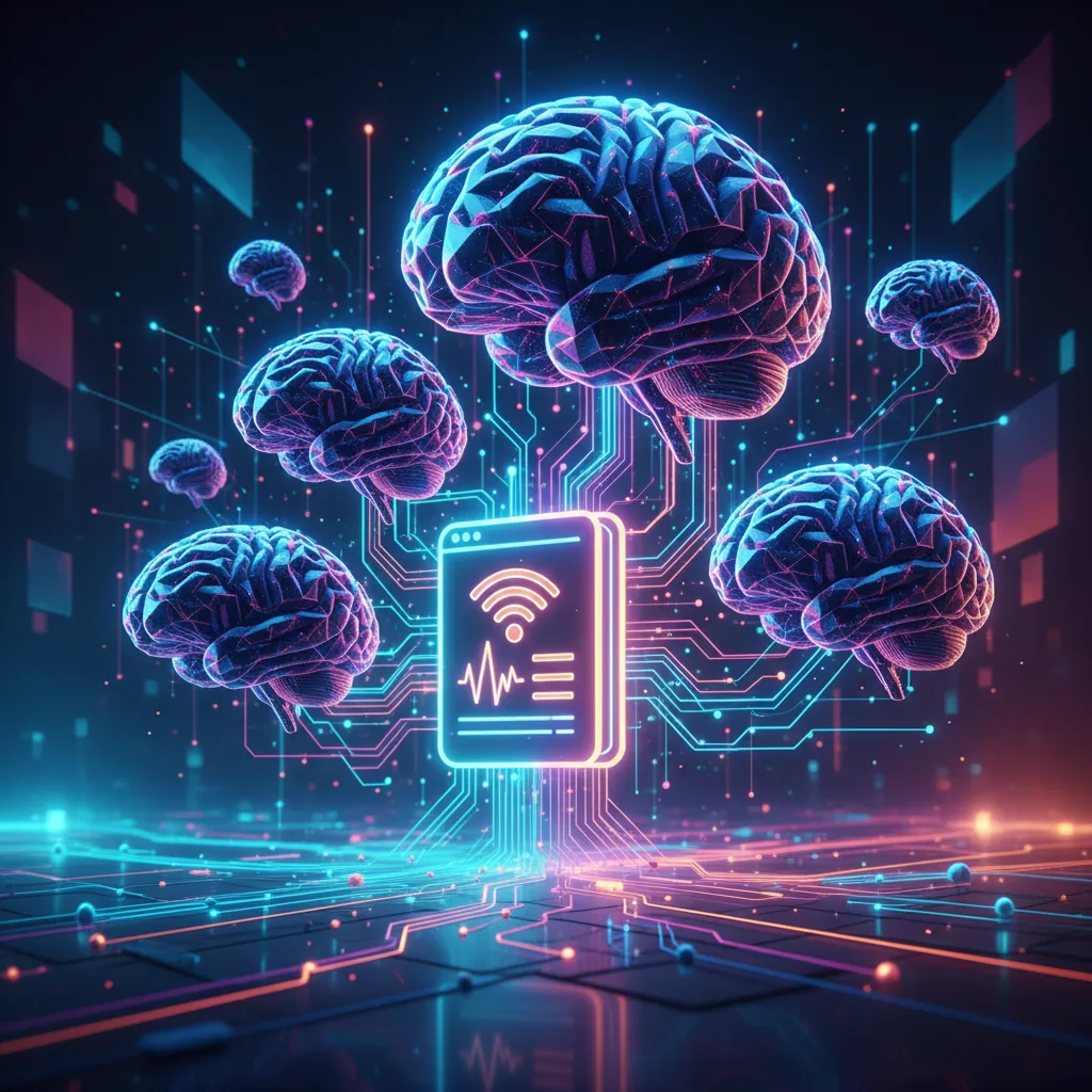 Ilustração abstrata de inteligência artificial assistindo na criação de conteúdo, com redes neurais brilhantes e um ícone de blog estilizado.