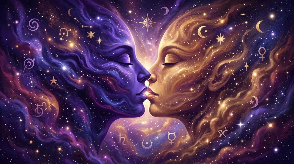 Ilustração artística e mística representando a fusão de energias celestiais no momento de um beijo simbólico entre constelações.