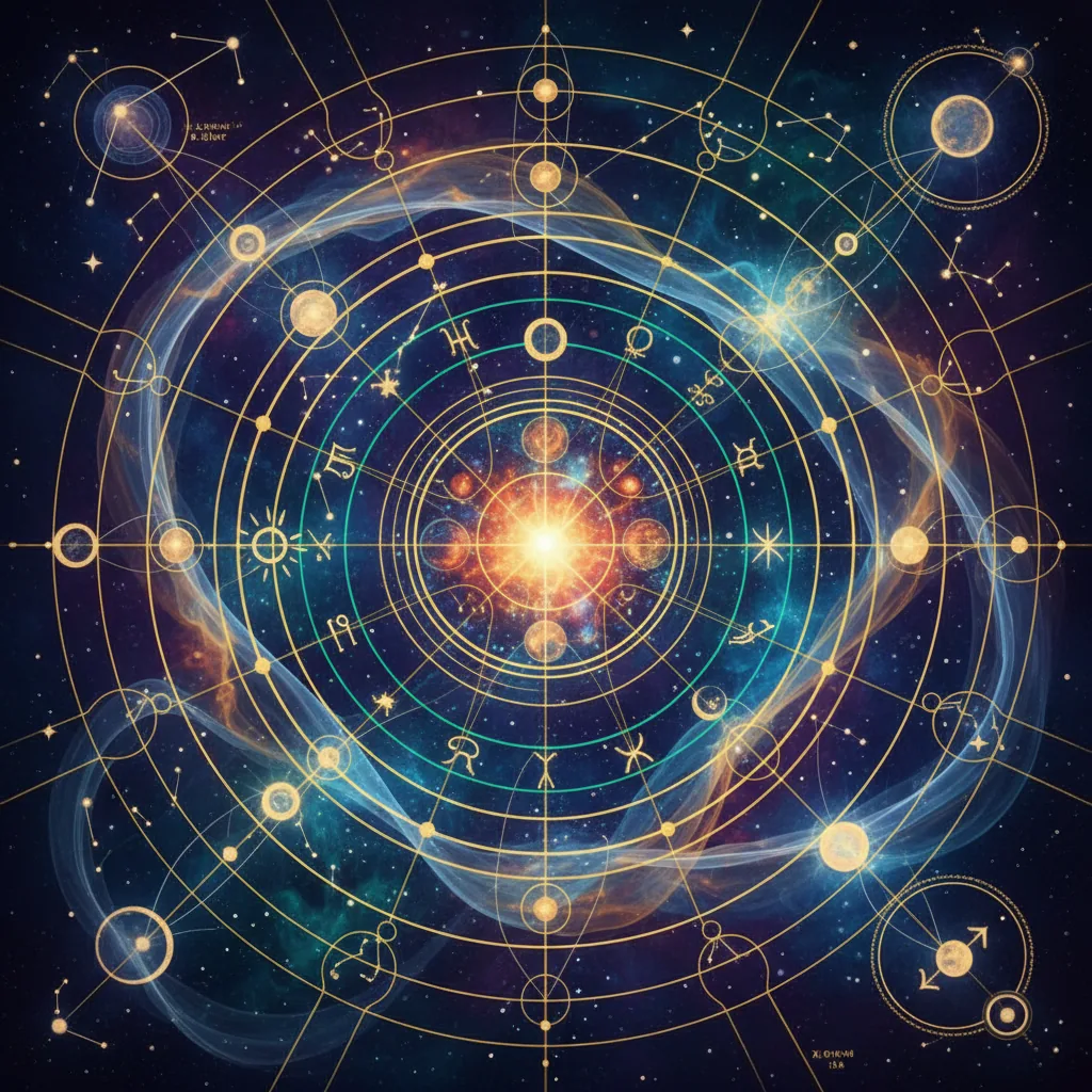 Ilustração de um mapa astral com constelações e símbolos cósmicos, representando a jornada de autodescoberta.