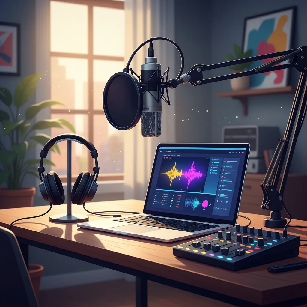 Mesa com equipamentos para criar um podcast em casa em 2026, incluindo microfone profissional, fones de ouvido e um notebook.