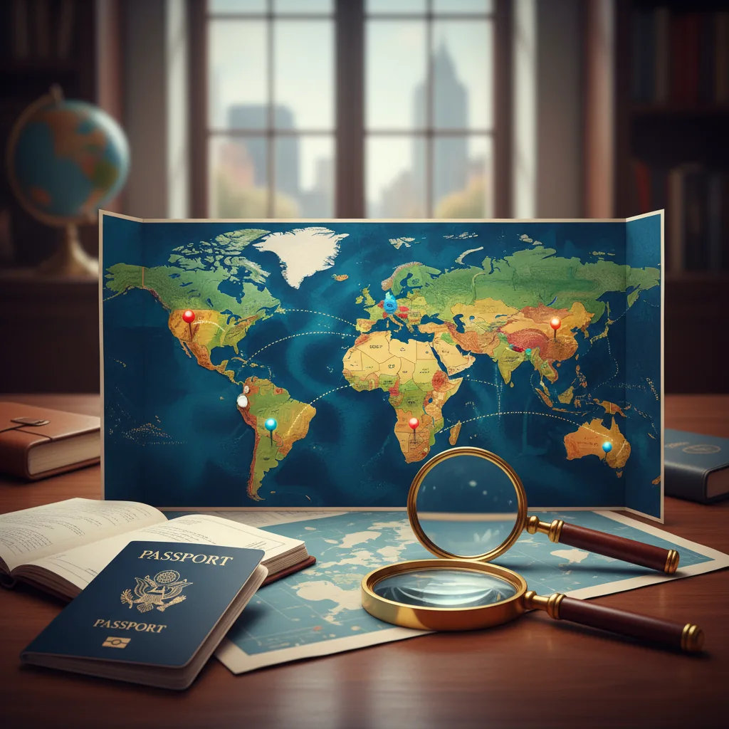 Mapa-múndi com passaporte e lupa, ilustrando o planejamento de viagens internacionais em 2026 em meio a eleições globais.