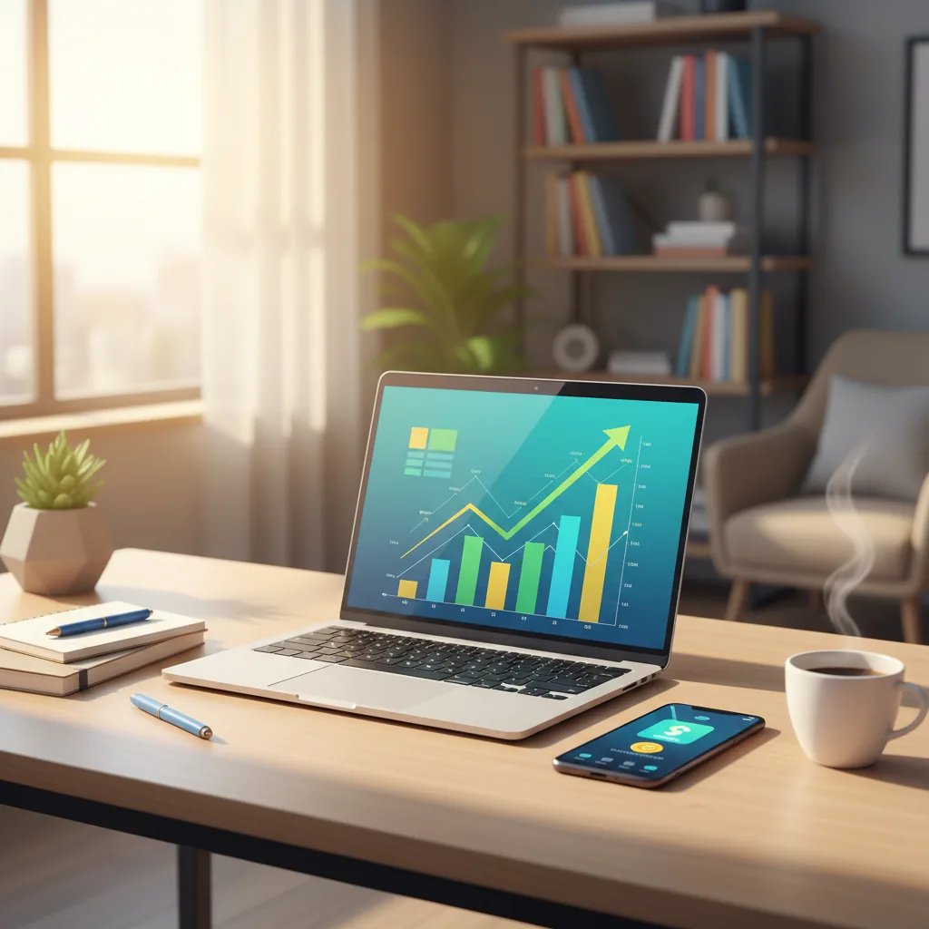 Área de trabalho organizada com notebook, fones de ouvido e café, representando o ambiente de trabalho remoto e renda extra online.