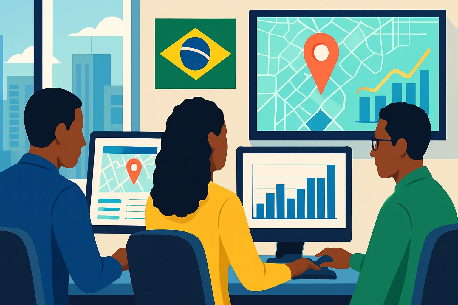Equipe trabalhando com adaptação de conteúdos para SEO local em PMEs usando inteligência artificial