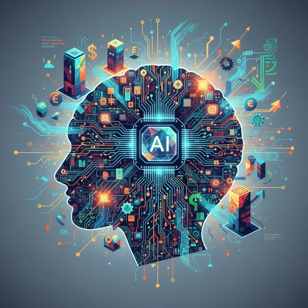 Rede digital futurista em formato de cérebro conectando empresas, com dados abstratos fluindo, simbolizando inteligência artificial e o papel da NeoSpace