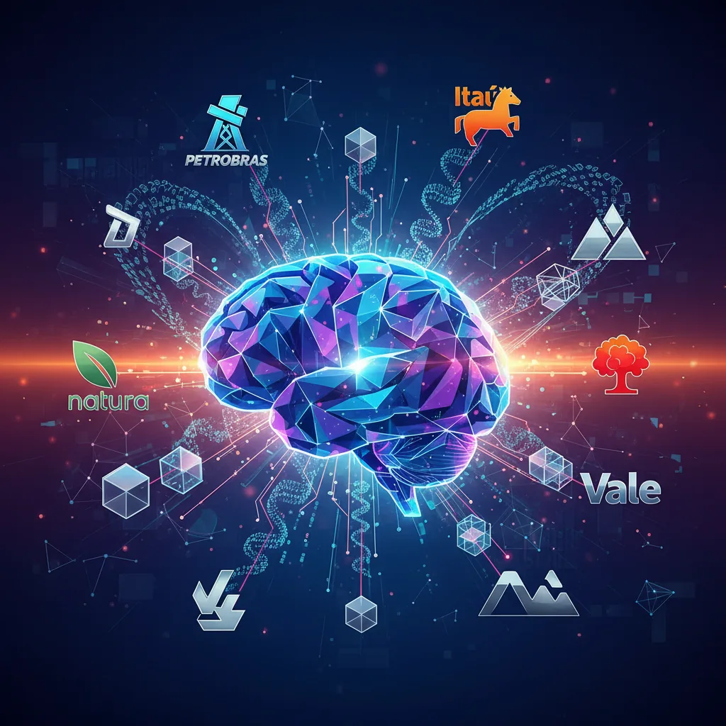 Cérebro de inteligência artificial processando dados e se conectando a logos de empresas brasileiras, ilustrando o impacto da IA em AEO e GEO.