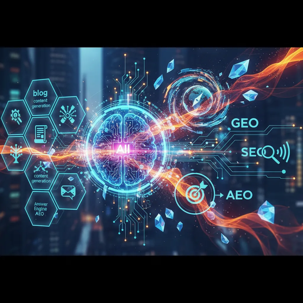 Inteligência Artificial gerando conteúdo para blog automatizado, focado em SEO, GEO e AEO