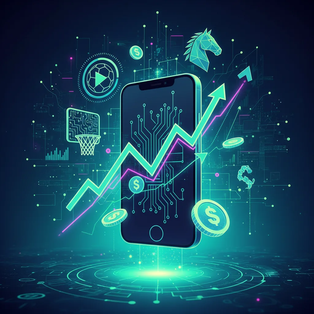 Gráficos financeiros digitais e ícones de apostas esportivas em um fundo de alta tecnologia representando o mercado de renda extra no Brasil.