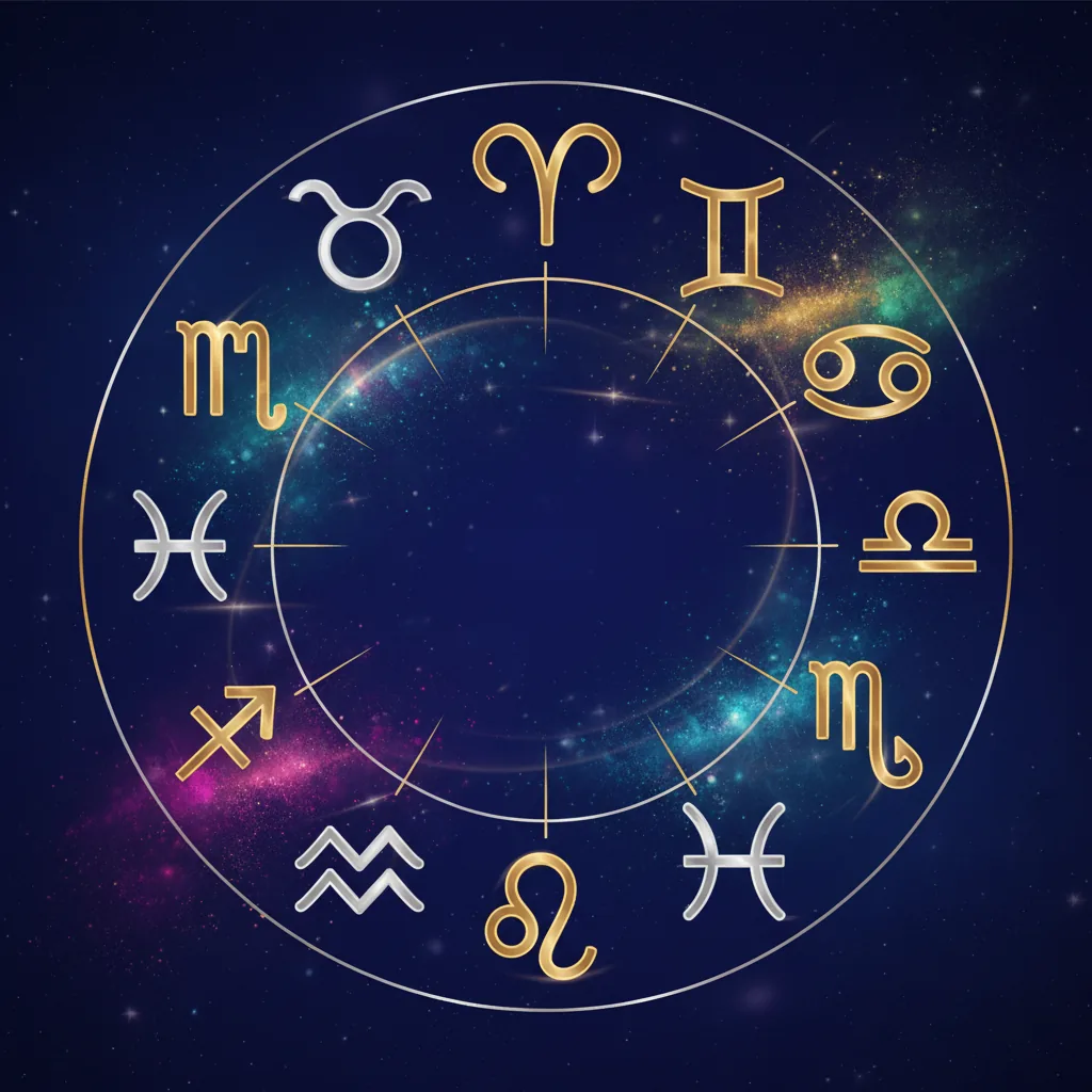 Ilustração artística dos doze signos do zodíaco em torno de um sol central sobre um fundo cósmico azul profundo.