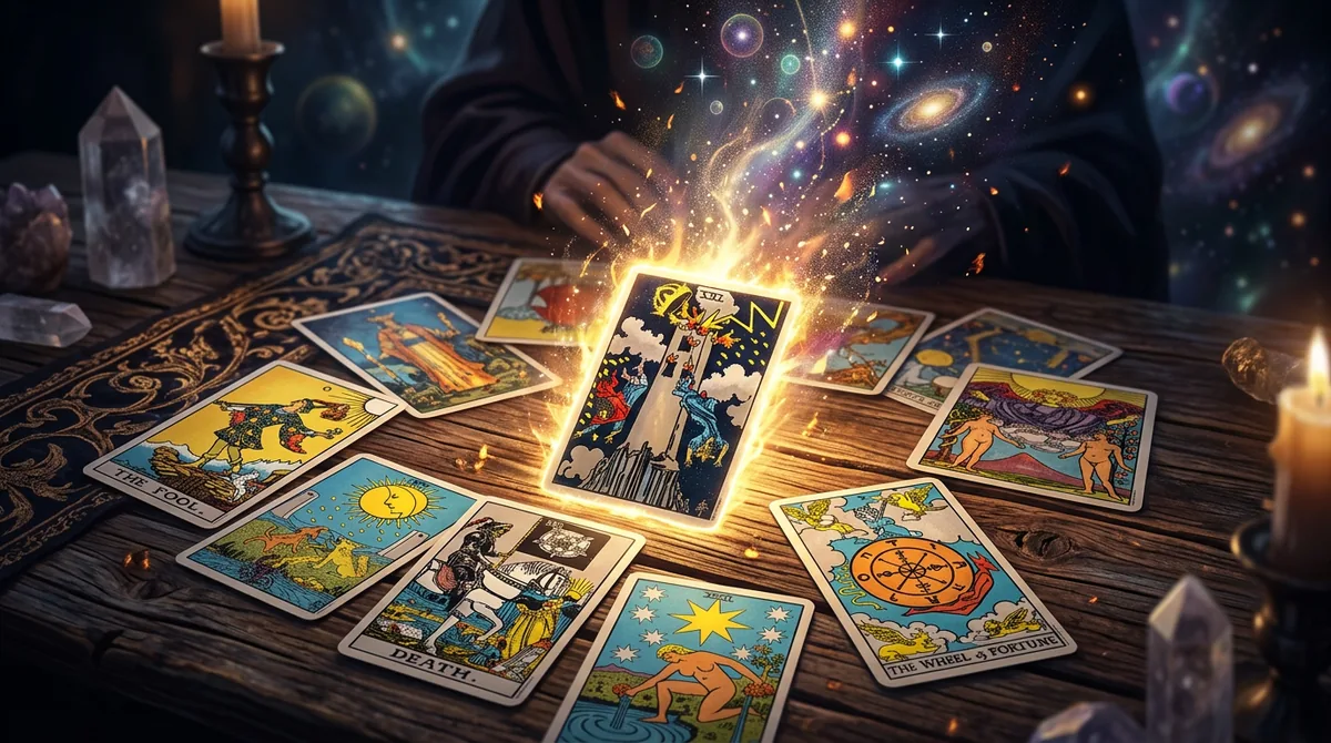 Cartas de tarô sobre uma mesa de madeira com elementos místicos sugerindo mudanças e reviravoltas em 2026.