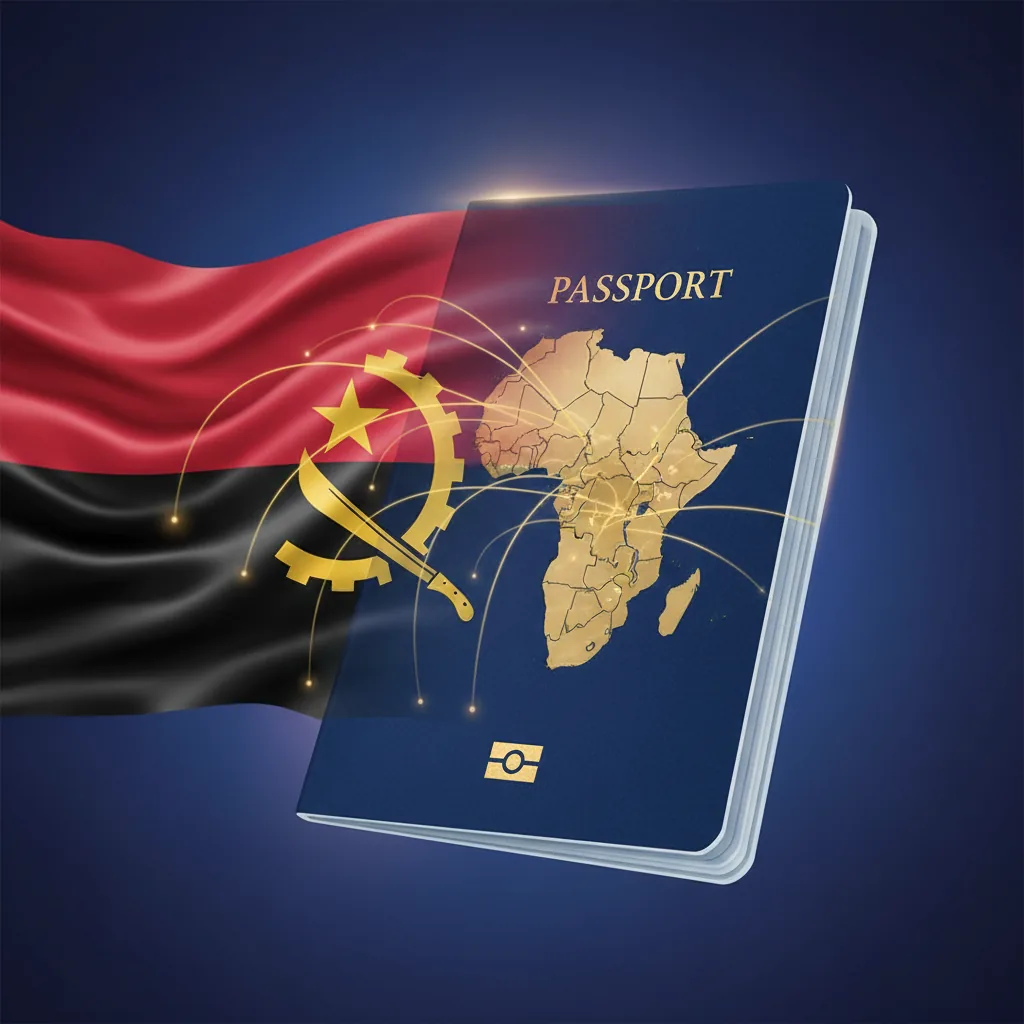 Mapa da África destacando Angola e seu plano de isenção de visto em 2026 para estimular o turismo regional.