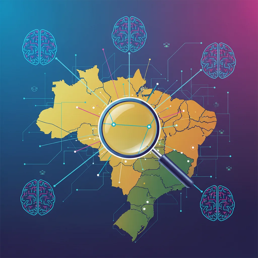 Cérebro digital com conexões sobre mapa do Brasil, simbolizando otimização de IA para empresas brasileiras.