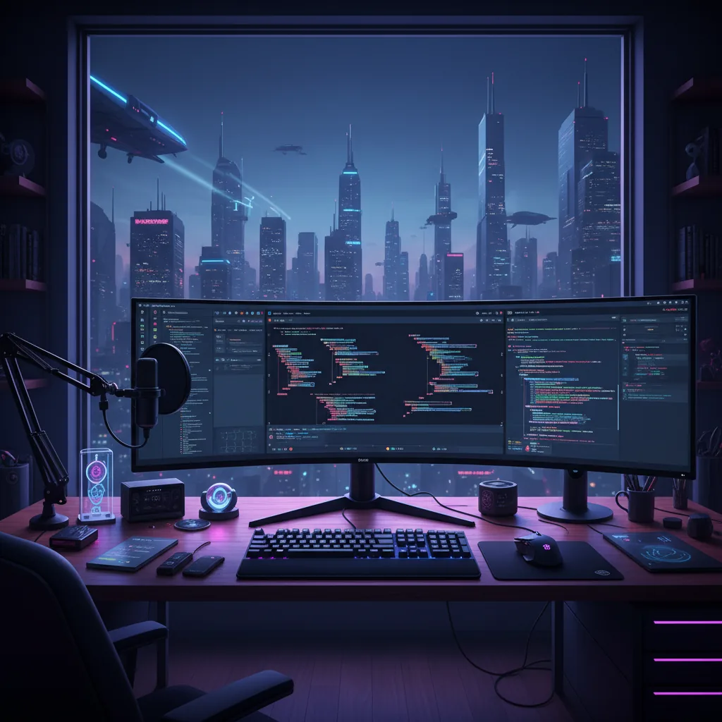 Desenvolvedor de jogos trabalhando em setup remoto profissional com várias telas mostrando códigos e engines de games em 2026