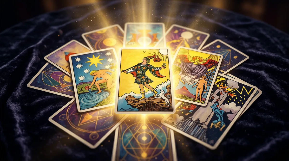 Ilustração mística de mãos segurando cartas de tarô cintilantes com luzes douradas simbolizando novos começos e oportunidades em abril de 2026.