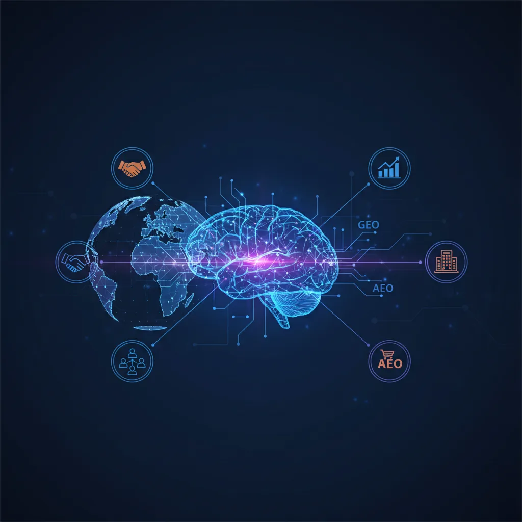 Representação visual abstrata de dados digitais conectando uma empresa brasileira ao cérebro de uma inteligência artificial em 2026.