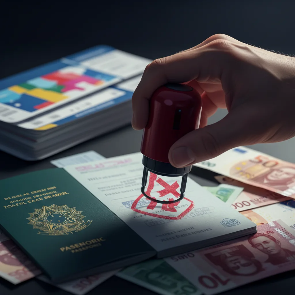 Passaporte com carimbo vermelho de 'negado' sobre passagens aéreas, ilustrando como a renda não declarada pode bloquear uma viagem internacional.