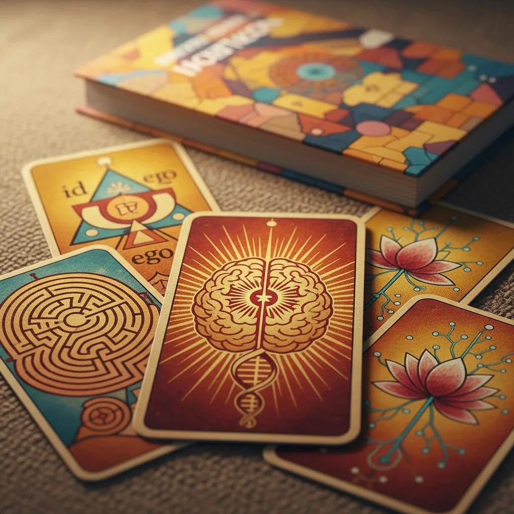 Capa de livro estilizada sobre tarô terapêutico com elementos que remetem à cultura baiana e psicologia, cores vibrantes e arcanos ao fundo.