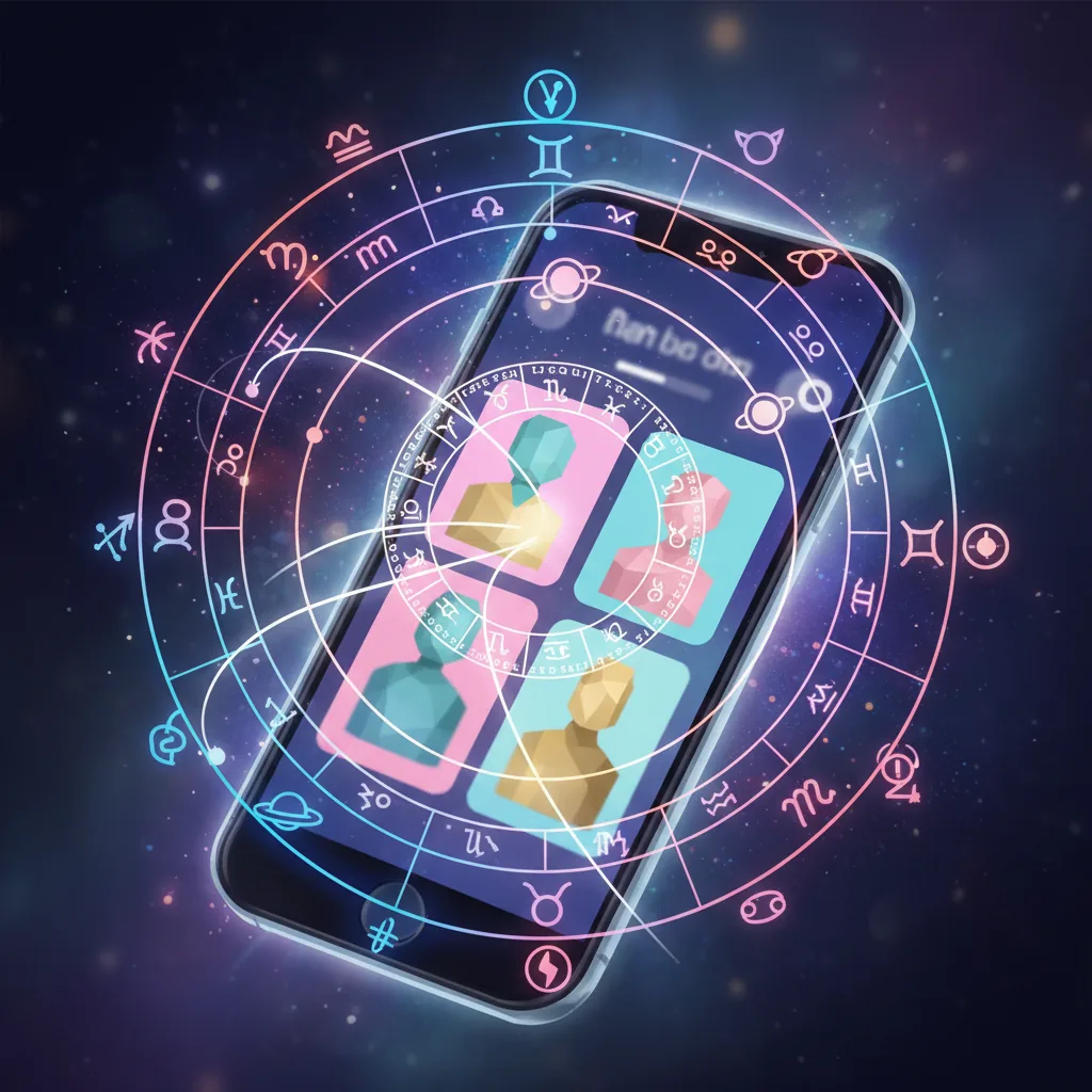 Gráfico astrológico abstrato sobreposto a tela de smartphone com perfis de aplicativo de namoro e um brilho místico, representando o Modo Astrologia do Tinder com Márcia Sensitiva.