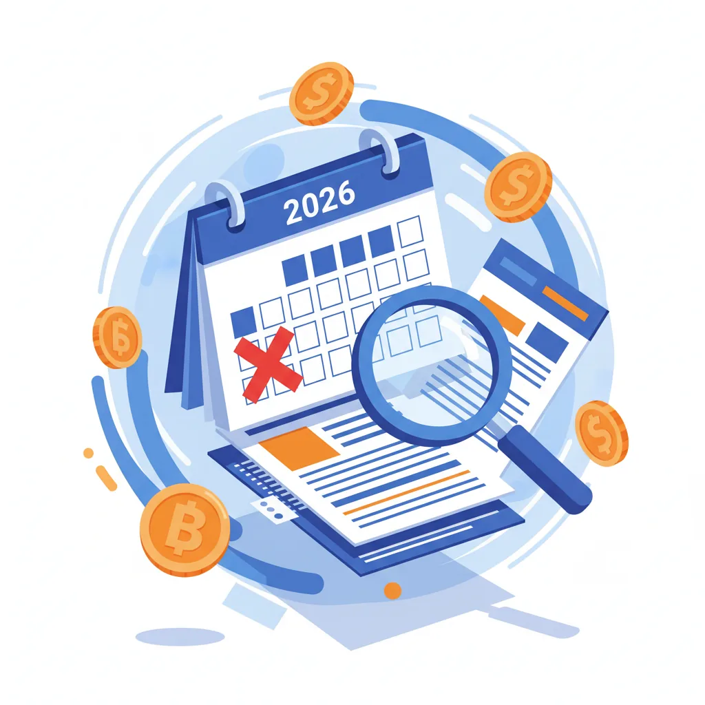 Ilustração profissional de documentos fiscais e um calendário marcando o prazo do Imposto de Renda 2026 com moedas de restituição ao fundo.