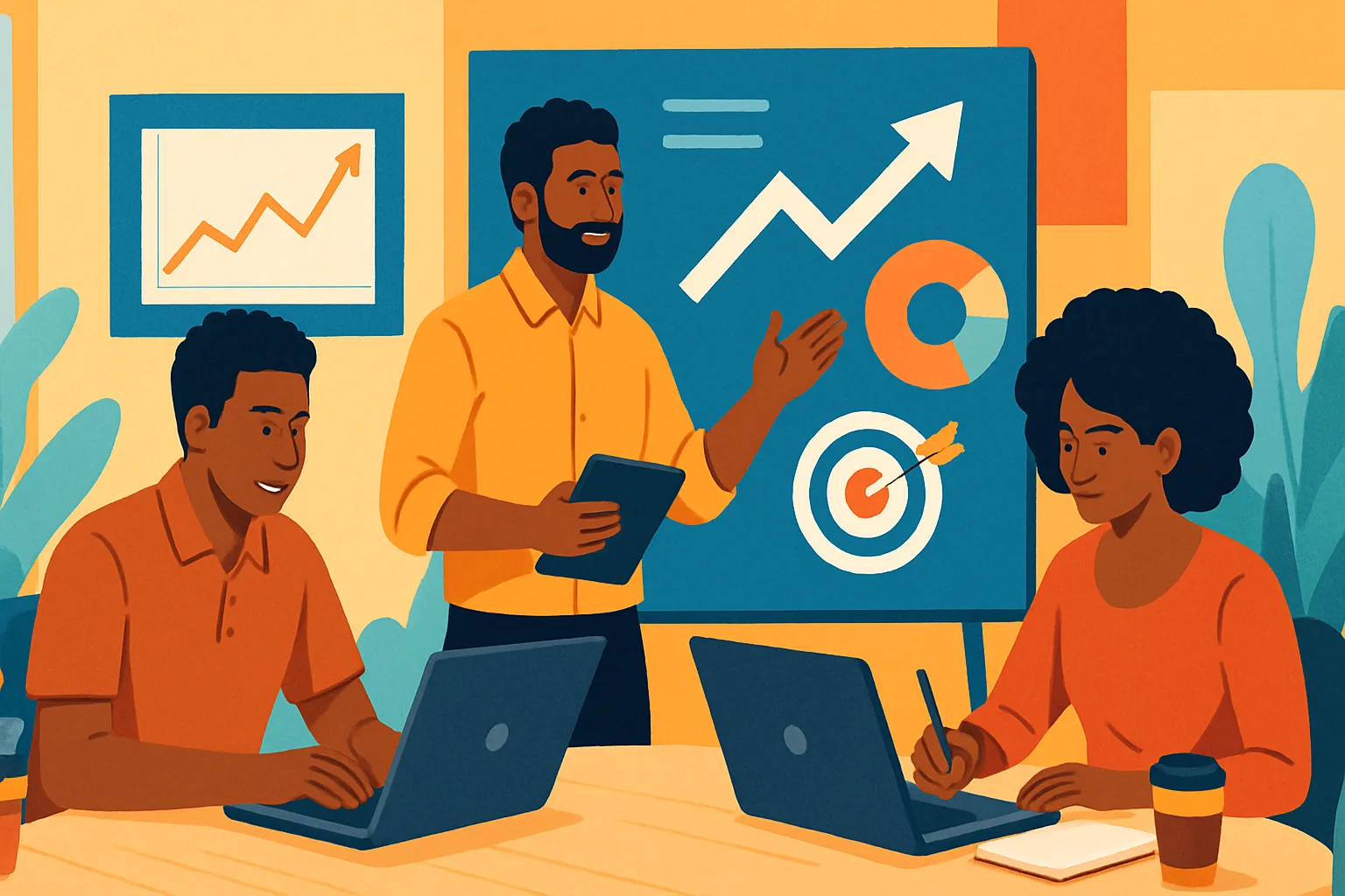 Pequenos empresários brasileiros planejando marketing digital