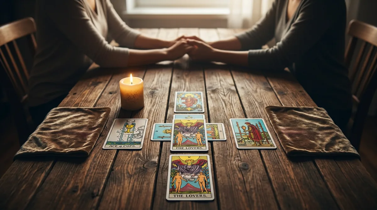 Representação artística de cartas de Tarô ao lado de uma mesa de reunião familiar simbolizando harmonia e resolução de conflitos.