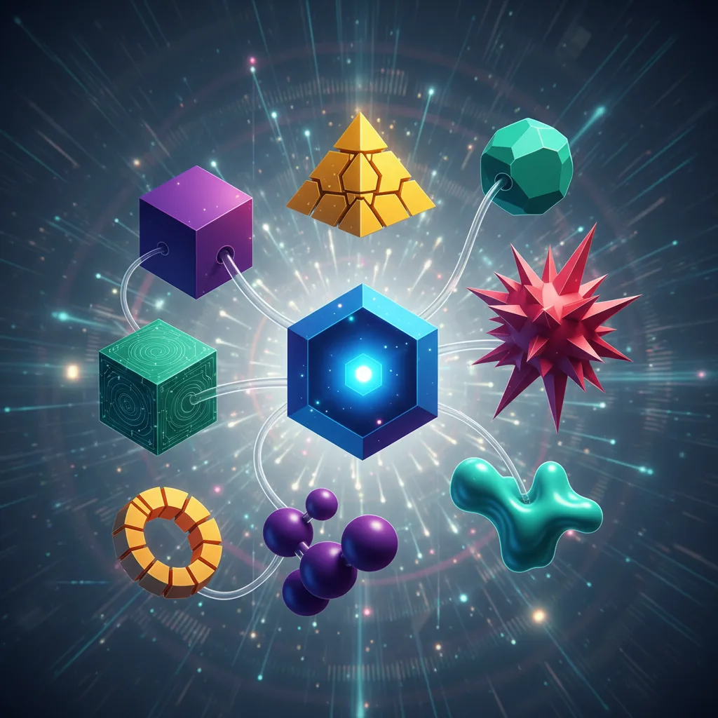 Sete modelos abstratos de blogs automatizados com inteligência artificial, destacando a complexidade e a adaptabilidade das soluções para SEO e GEO.