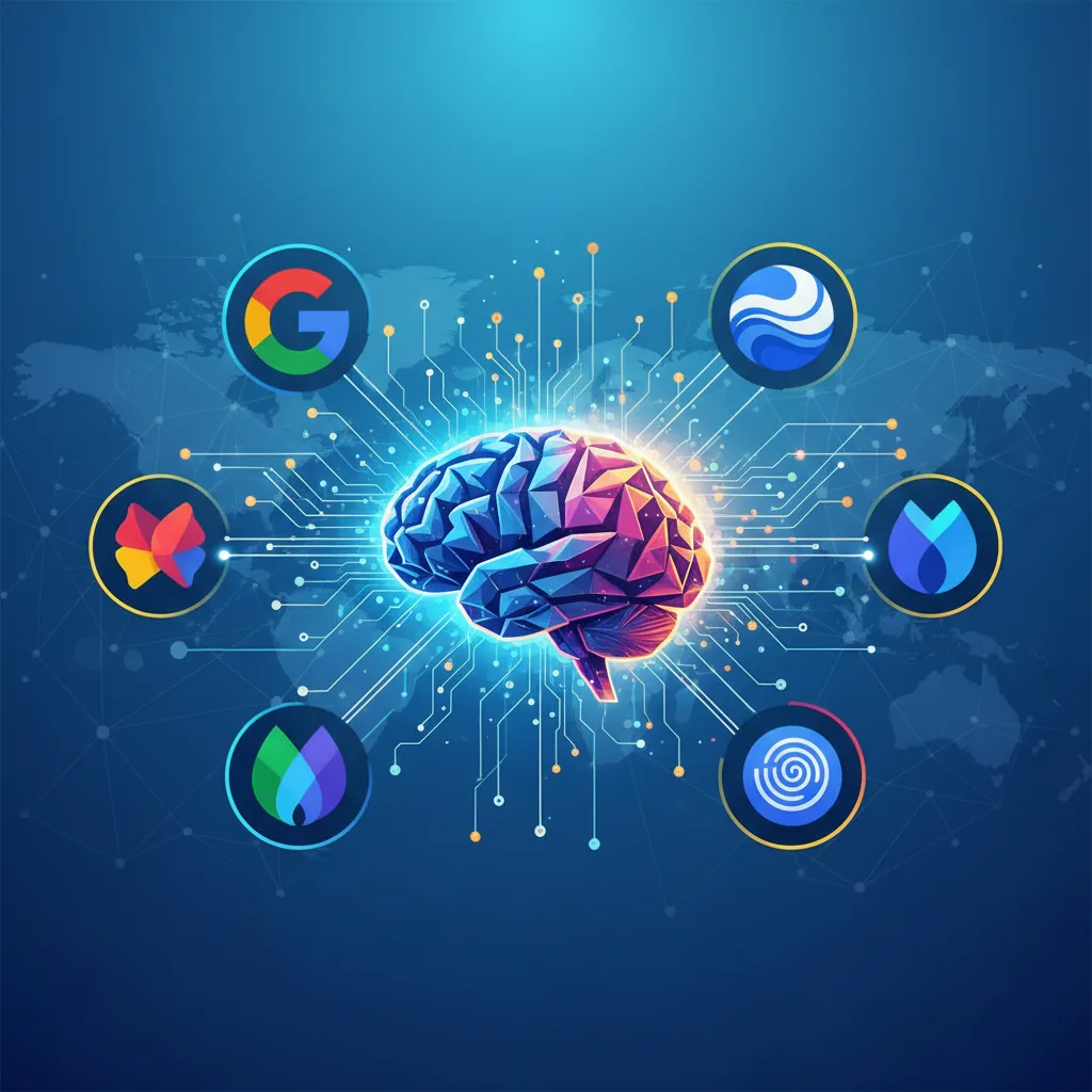 Ilustração de cérebro digital gerando conteúdo para SEO, GEO e AEO com a BlogAI